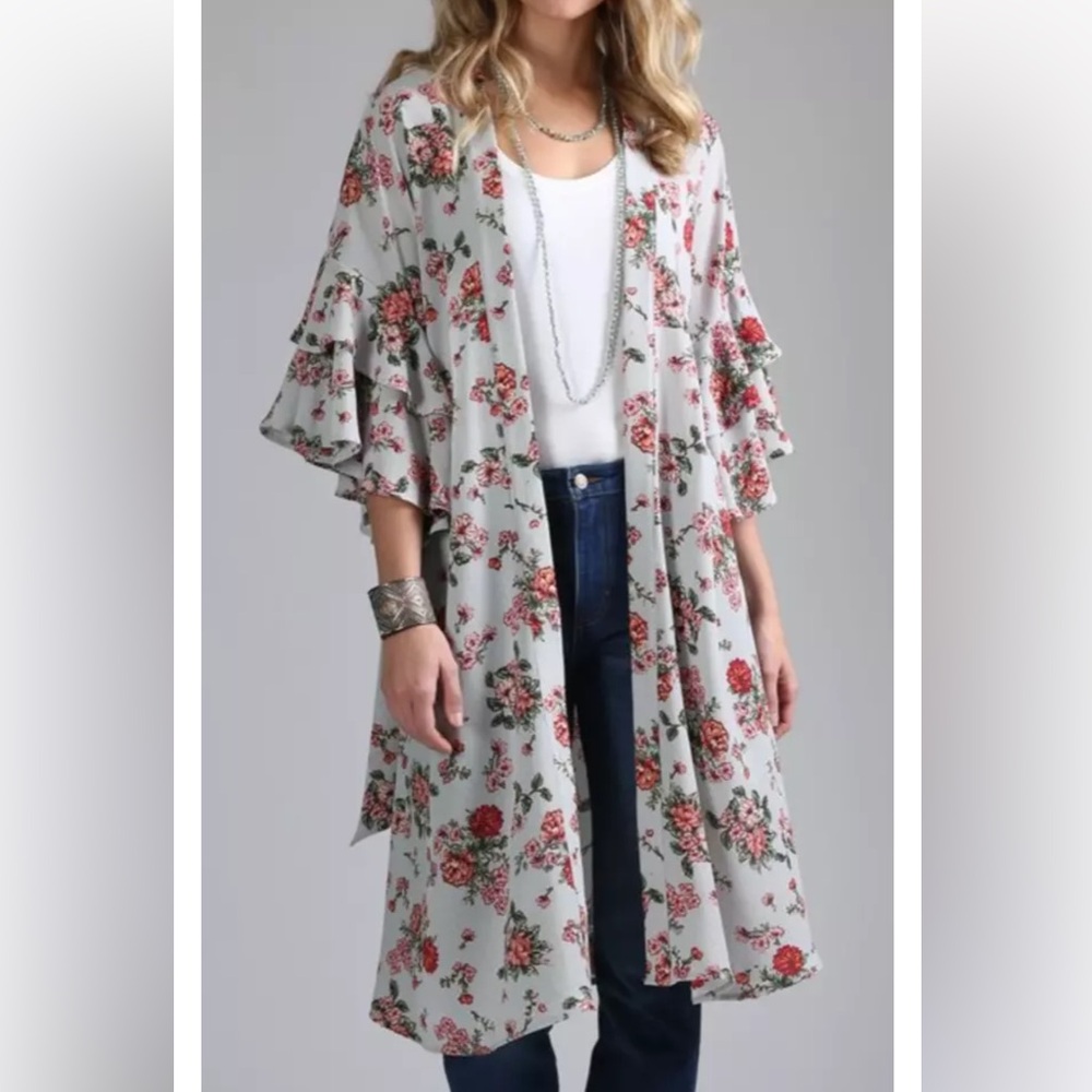 Wrangler Retro Floral Duster Open Cardigan with Bell Flowy Tiered Sleeve…